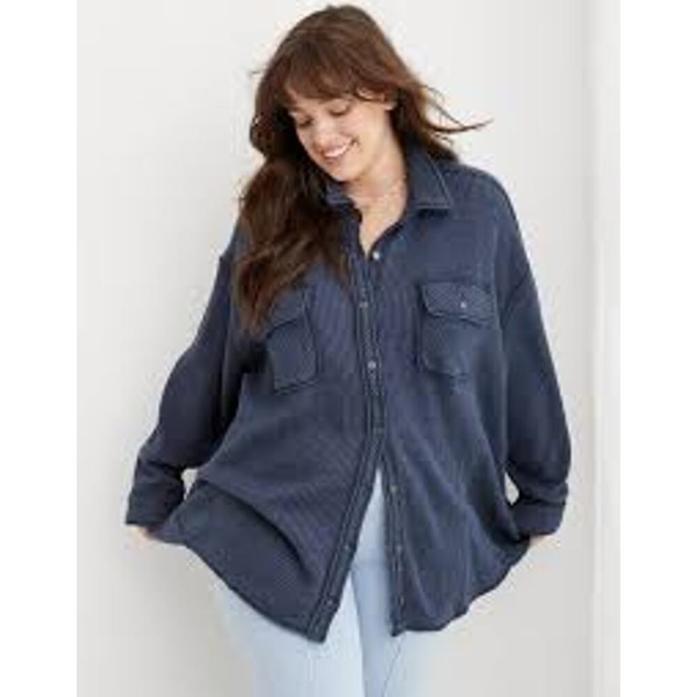 Aerie LumberJane Waffle Knit Button Up Shirt Blue Oversized Sz M NWT